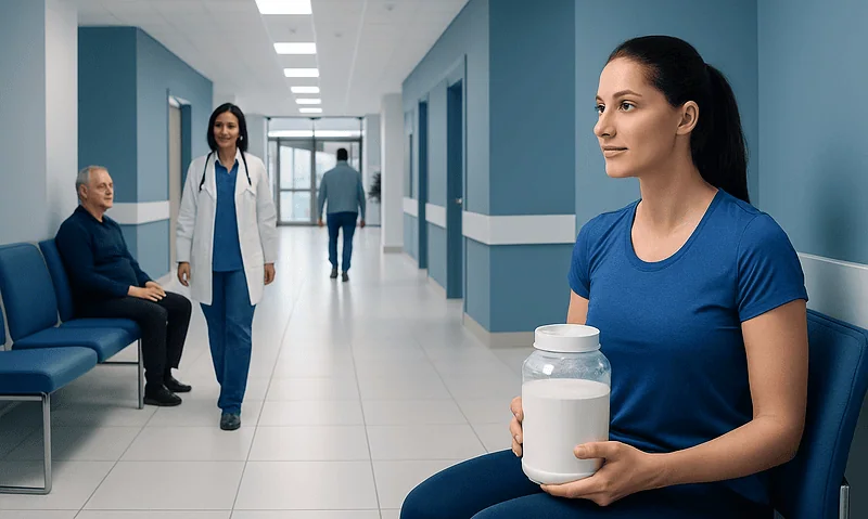 Young woman holding a supplement jar in a hospital corridor.