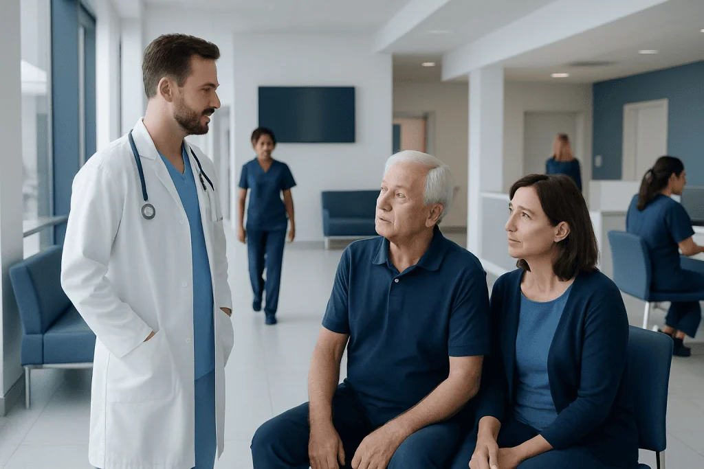 Bcg Treatment for Bladder Cancer: Symptoms, Causes, and Treatment Options 1 Doctor consulting with elderly male patient and female companion in hospital.