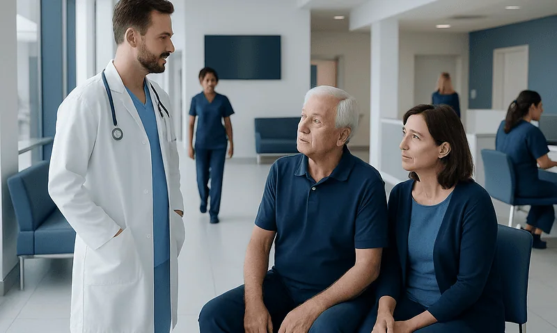 Doctor consulting with elderly male patient and female companion in hospital.