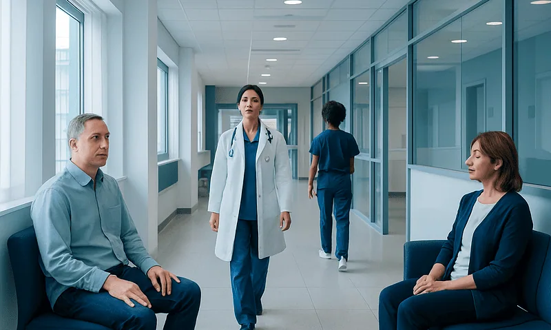 Medical professionals and patients in a hospital corridor at Acibadem Hospitals Group.