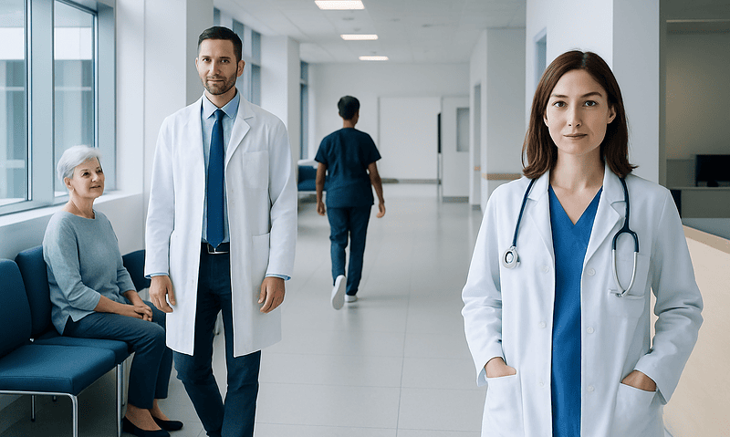 Healthcare professionals and patient in a modern hospital corridor.