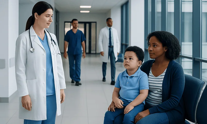 Doctor consulting a mother and child in a hospital corridor.