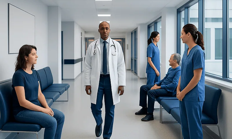 Medical professionals and patients in a hospital corridor.