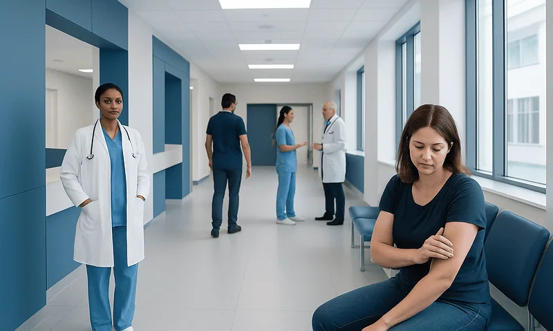 Patient receiving medical care in a modern hospital corridor.