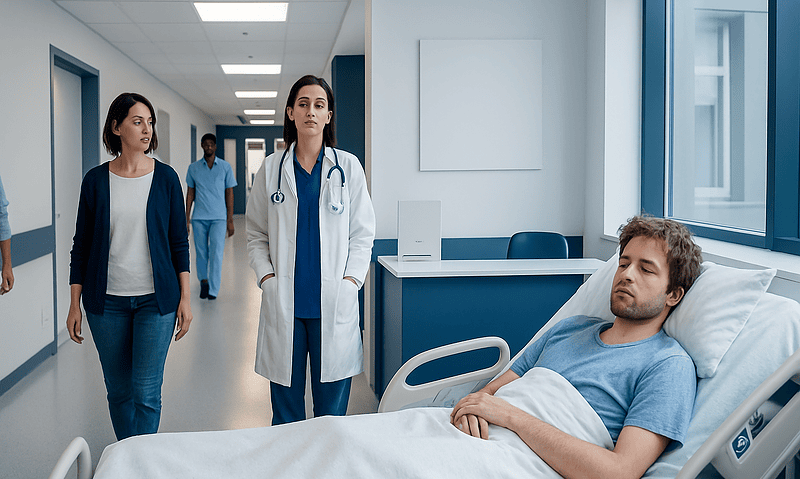 Hospital corridor with a patient in bed and medical staff walking by.
