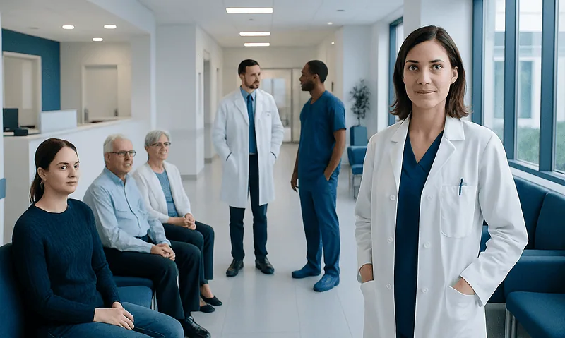 Health Library 1 Healthcare professionals and patients in a modern hospital corridor.