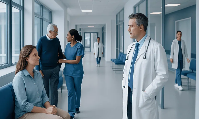 Medical consultation in a modern hospital corridor with doctors and patients.