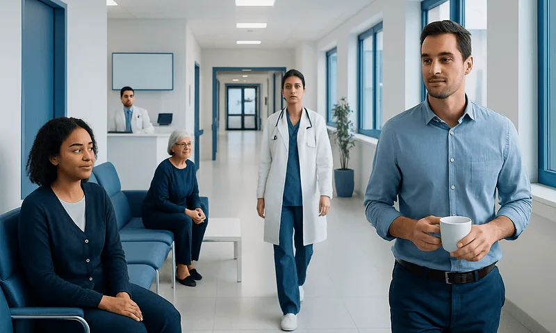 Hospital waiting area with medical staff and patients.