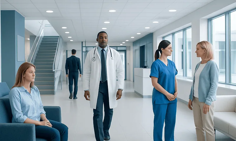 Medical team discussing patient care in a modern hospital corridor.