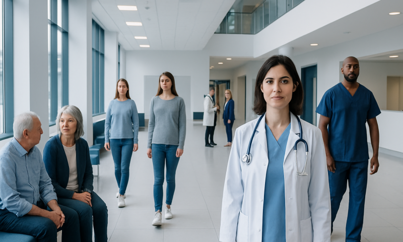 Healthcare professionals and patients in a modern hospital corridor.