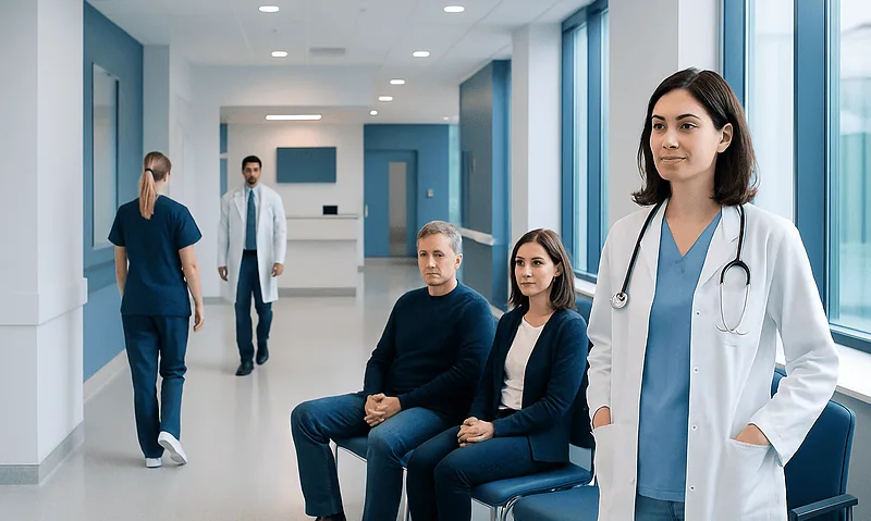 Medical team in hospital corridor with patients and staff.