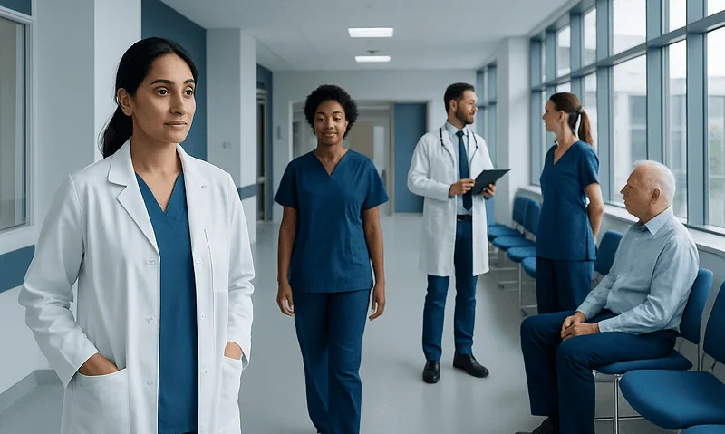 Medical team in hospital corridor with patient and staff members.