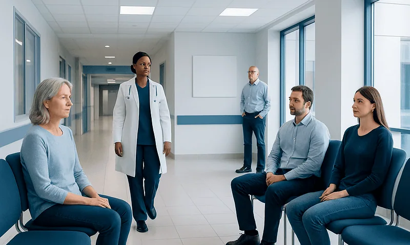 Medical consultation in hospital corridor with patients and healthcare professional.