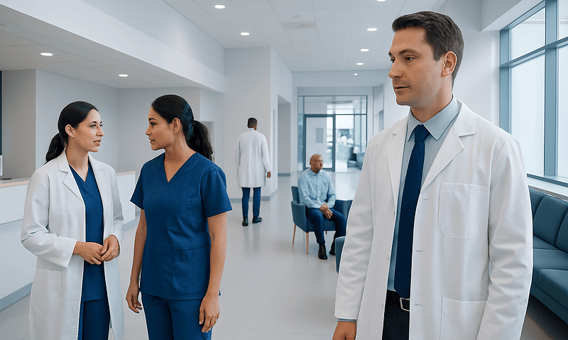 Medical team discussing patient care in hospital corridor.