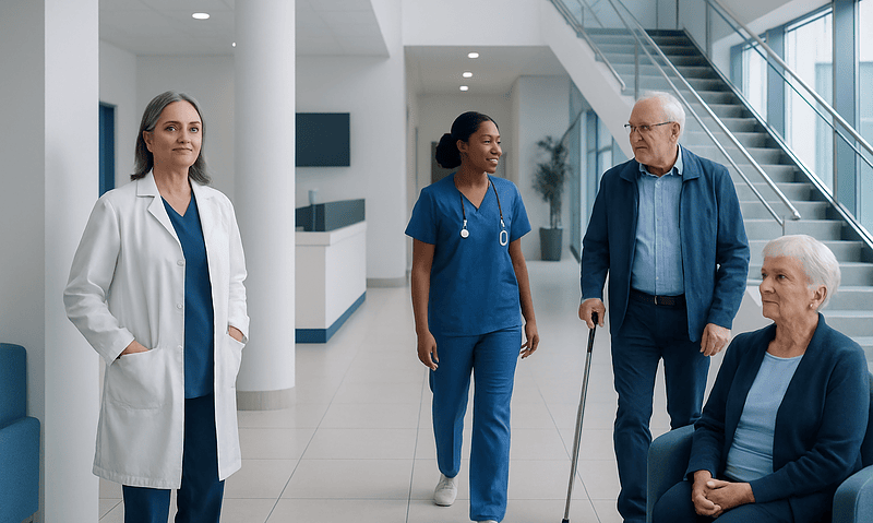 Healthcare professionals and elderly patient in modern hospital lobby.