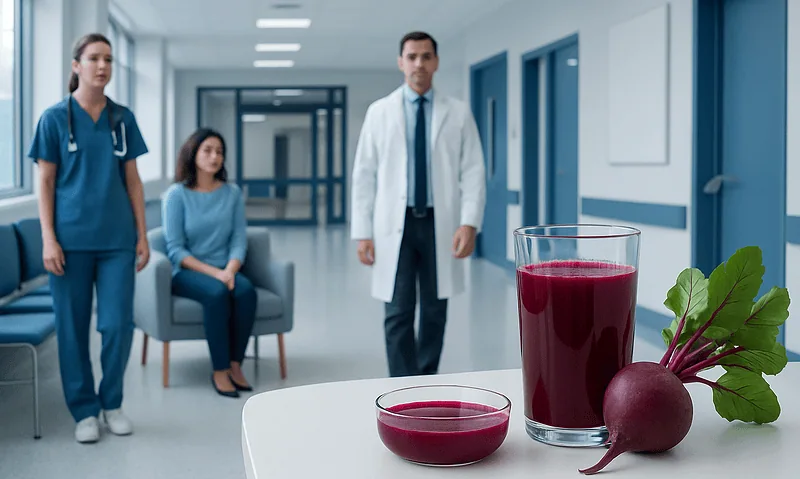 Doctor and nurses in hospital corridor with beet juice on table.
