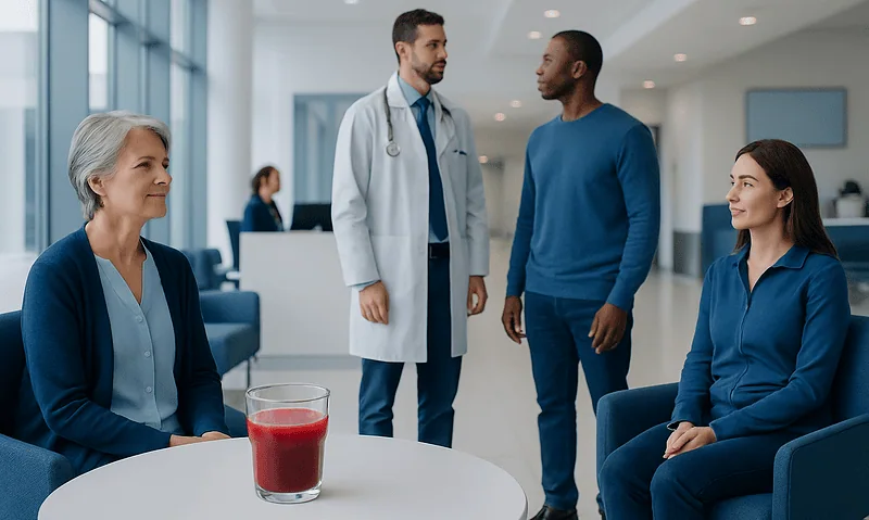 Medical consultation in a modern hospital with diverse healthcare professionals and patients.