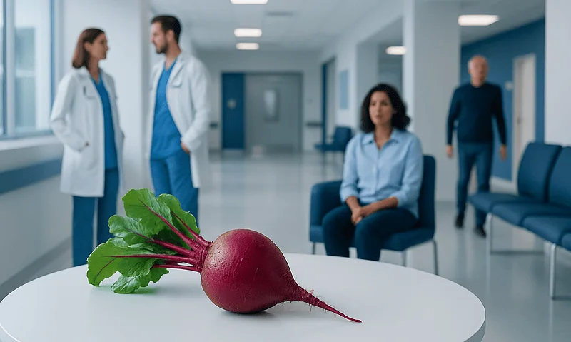 Fresh beetroot on a table in a hospital corridor with medical staff and patient.