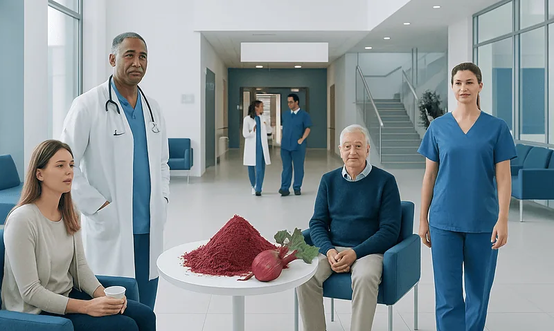 Medical team with patient in modern hospital lobby.
