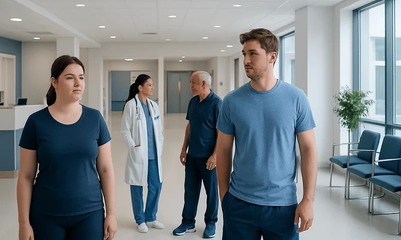 Patients and medical staff in a modern hospital corridor.