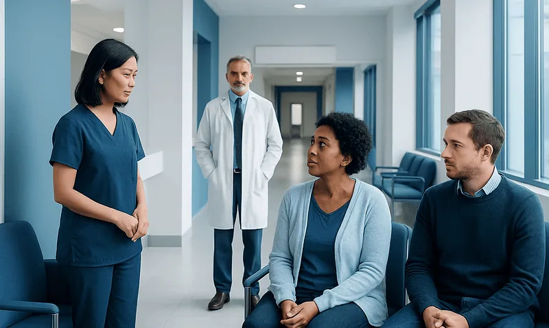Medical team discussing patient care in hospital corridor.