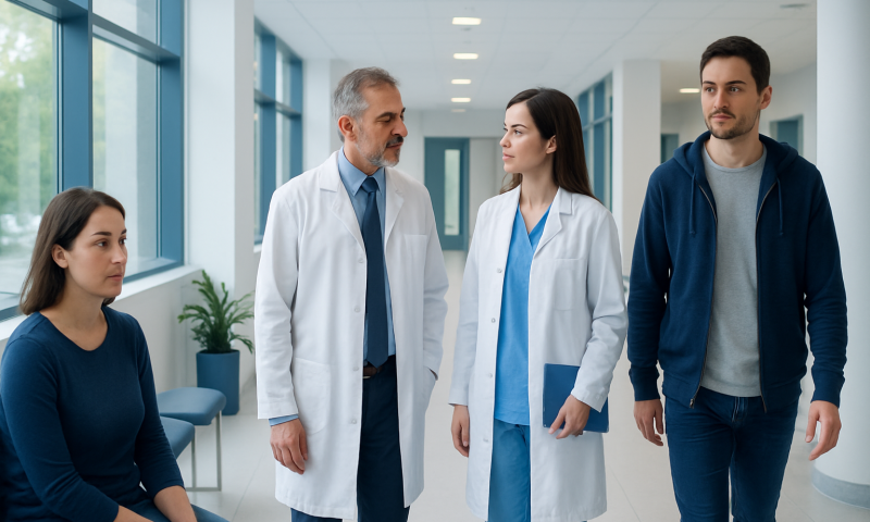 Medical team consulting with a patient in a hospital corridor.
