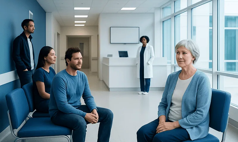 Doctor consulting with elderly patient and family in hospital waiting area.