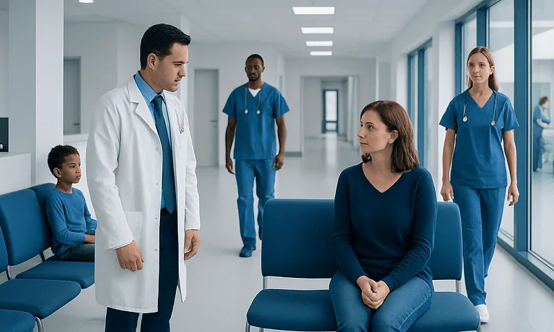 Medical team consulting with patient in hospital corridor.