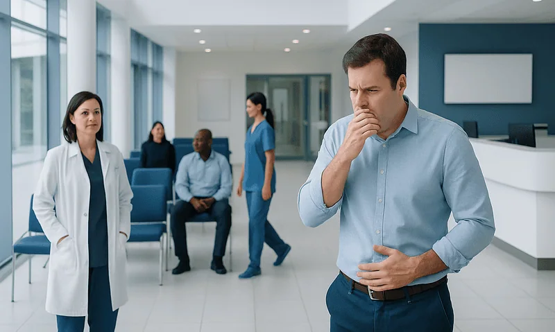 Man experiencing stomach discomfort in a hospital waiting area.