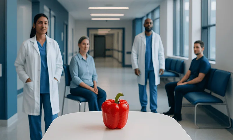 Medical team in hospital corridor with red bell pepper on table.