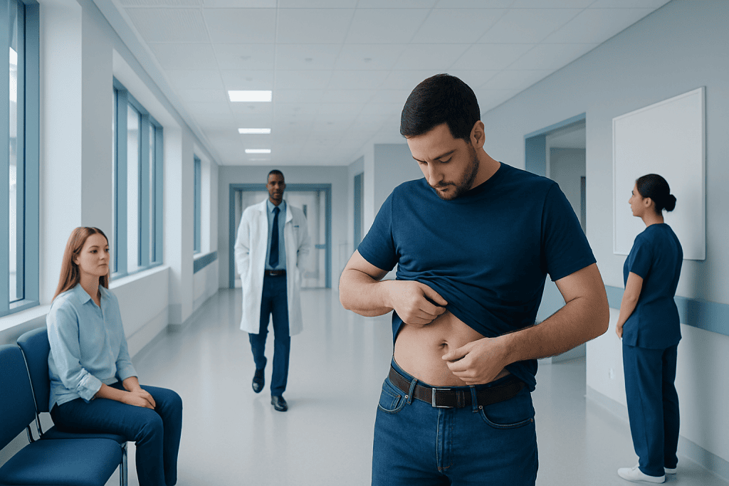 Belly Button Lint: What Patients Need to Know 1 Young man examining his abdomen in a hospital corridor.