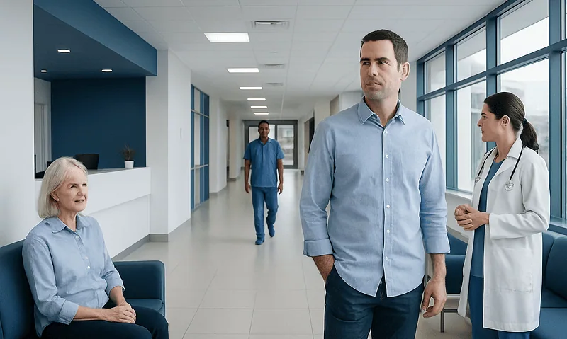 Patients and medical staff in a modern hospital corridor.