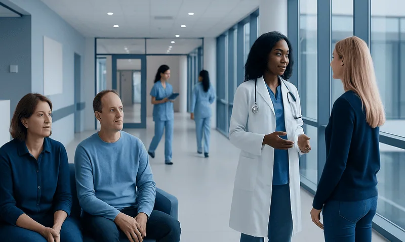 Healthcare professionals consulting with a patient in a hospital corridor.