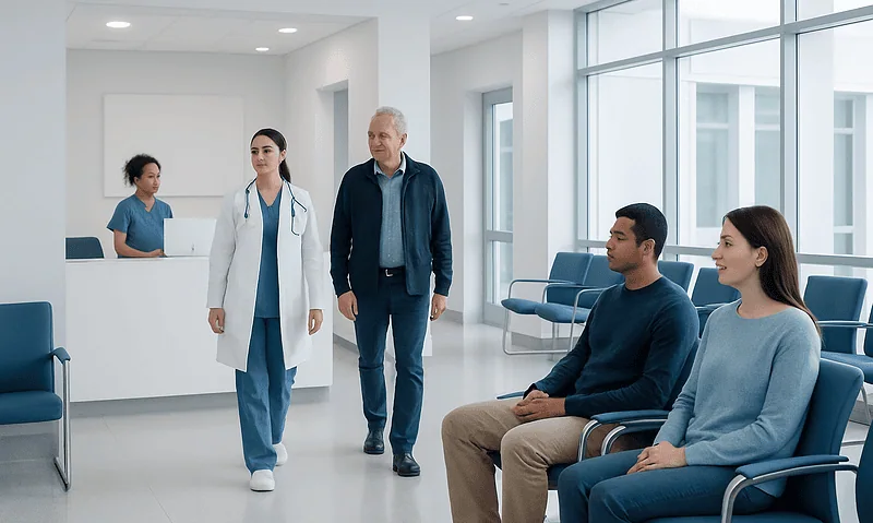 Patients waiting in a modern hospital lobby with medical staff nearby.