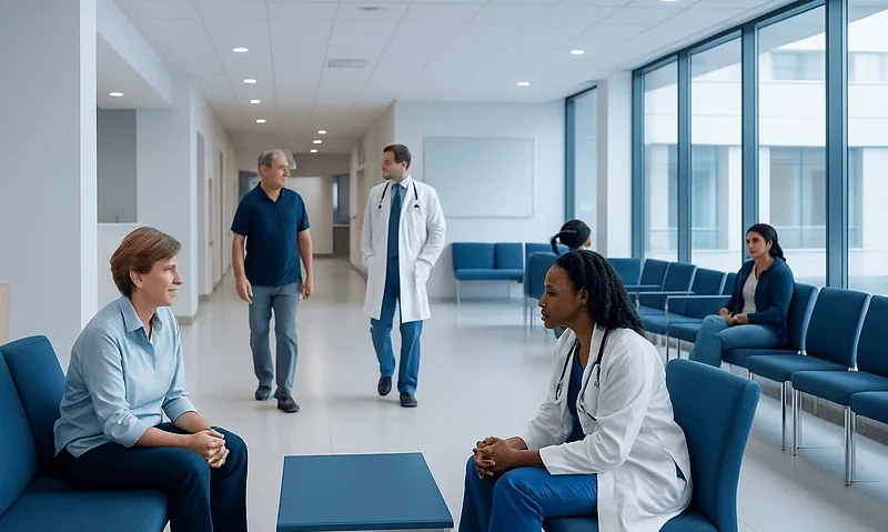 Doctors and patients in a modern hospital waiting area.