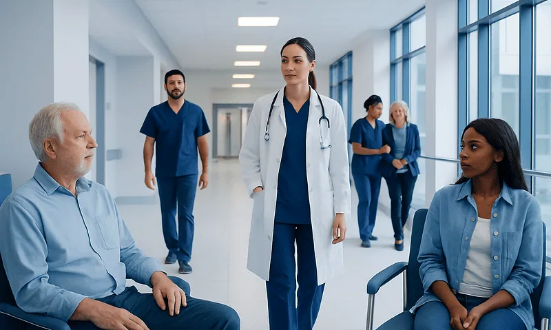 Healthcare professionals consulting with a patient in a hospital corridor.