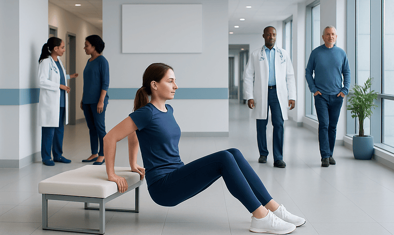 Patient performing bench dips in a hospital corridor with medical staff nearby.