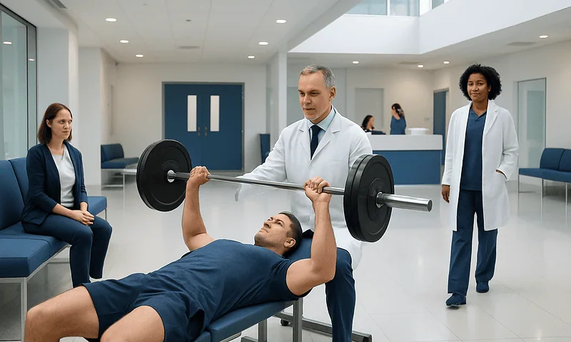 Medical professional supervising a patient performing bench press exercise in hospital setting.