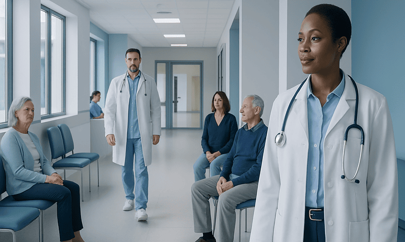 Medical team consulting with elderly patients in hospital corridor.