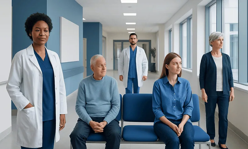 Diverse group of patients and healthcare professionals in a hospital waiting area.