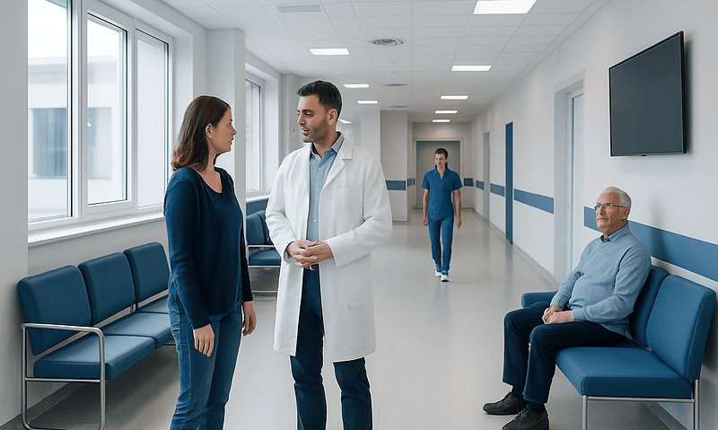 Doctor consulting with a patient in a hospital corridor.