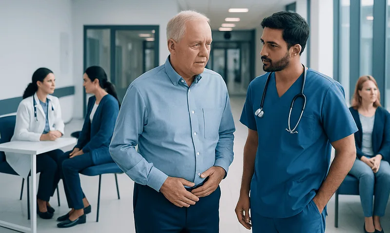 Doctor consulting an elderly patient in a hospital corridor.