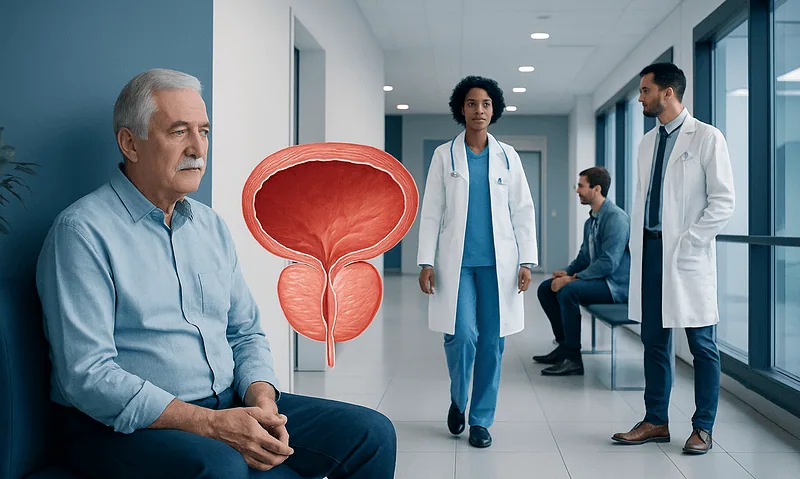 Doctor and patient in hospital corridor with prostate illustration.