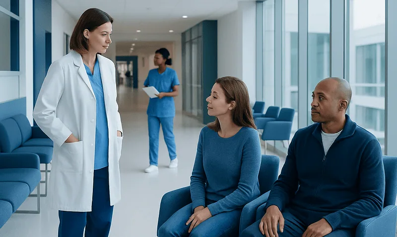Doctor consulting with patients in a modern hospital corridor.