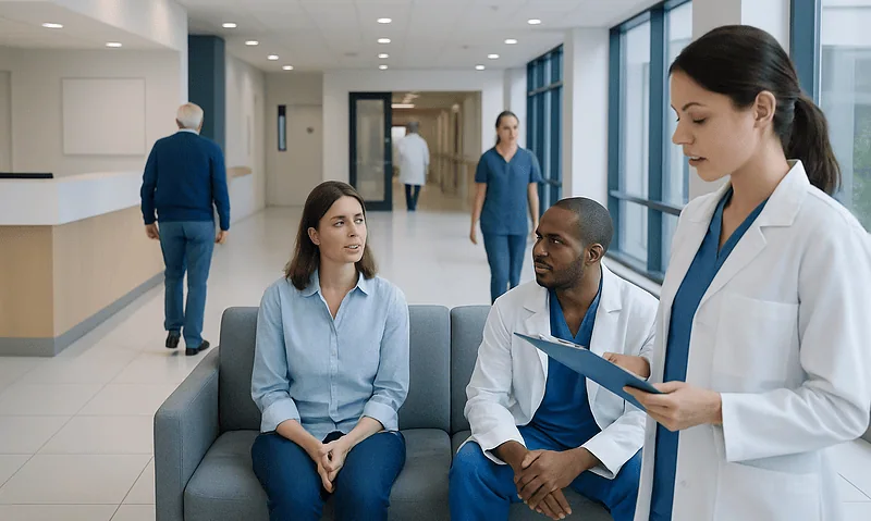 Medical consultation in a modern hospital corridor with healthcare professionals and patient.