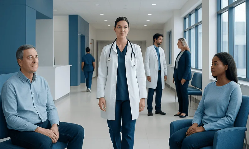 Medical professionals and patients in a hospital corridor.