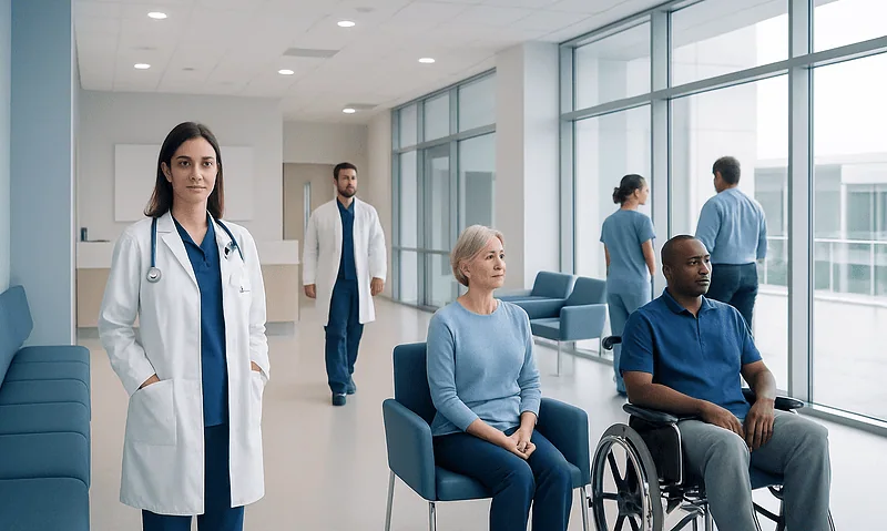 Medical staff and patients in a modern hospital waiting area.