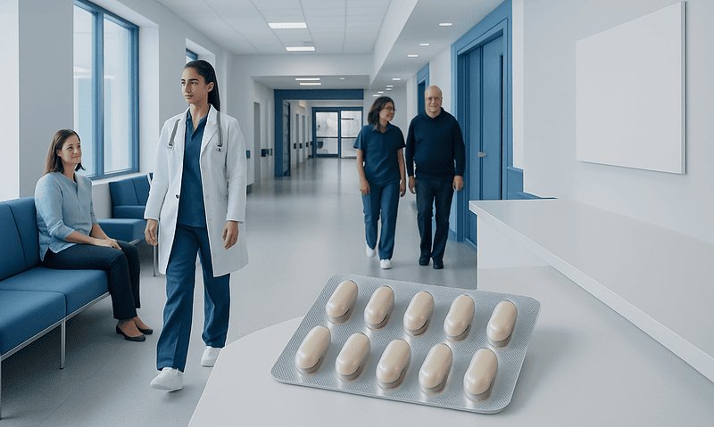 Hospital corridor with medical staff and patients, pills in foreground.