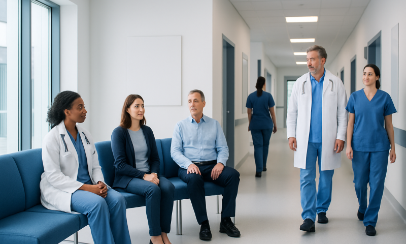 Benzonatate: An Evidence-Based Guide for Patients 12 Medical consultation in hospital corridor with diverse healthcare professionals and patient.