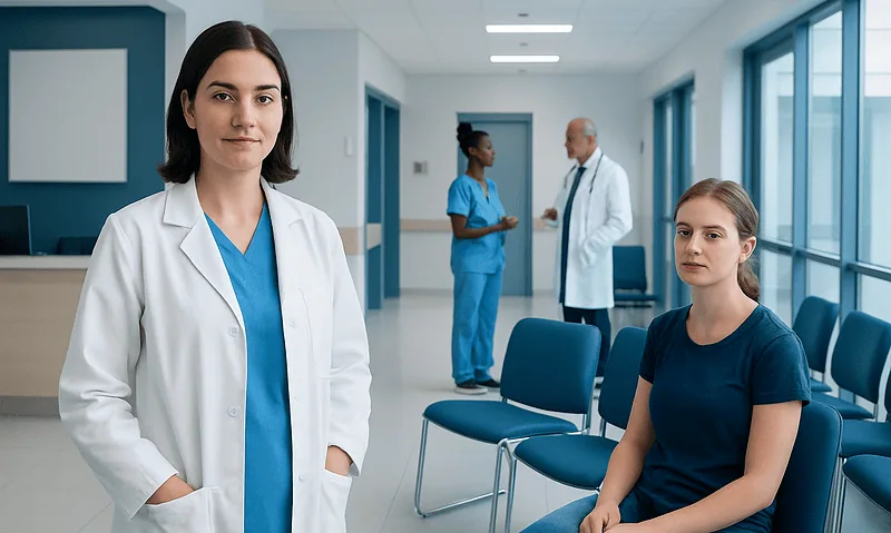 Healthcare professionals and patient in a modern hospital corridor.